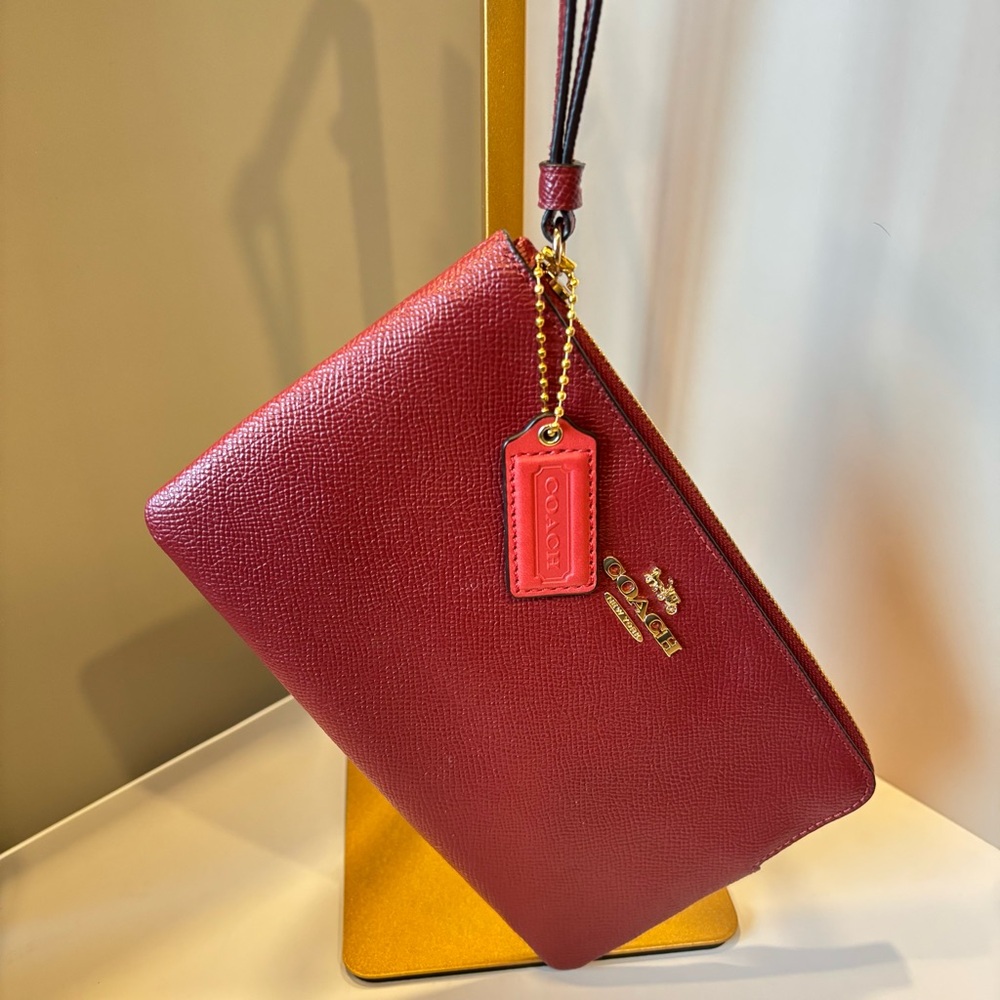 COACH Red Leather Wristlet, corner, zip leather